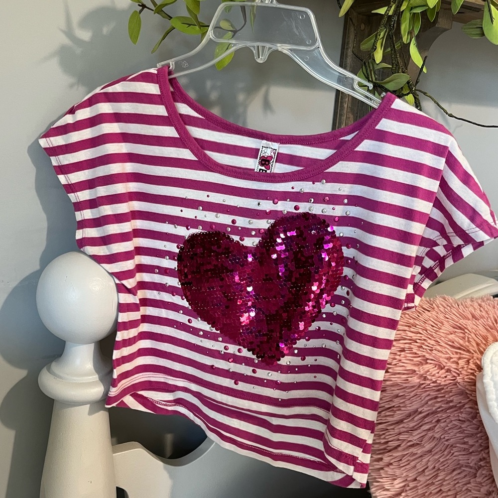 Crop Top Pink Striped Sequin Heart Womens Medium Shirt Beautees Comfy